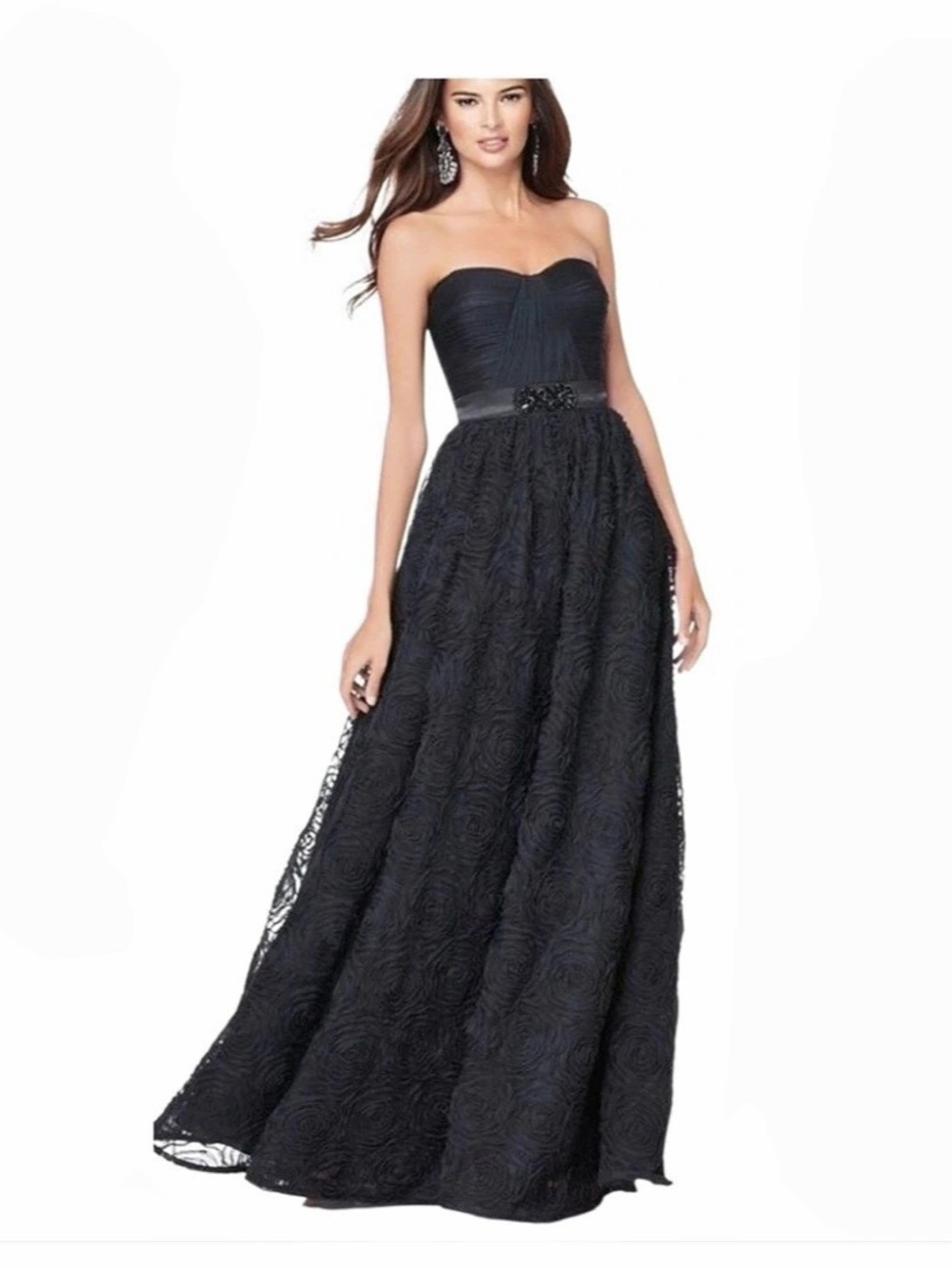 Adrianna Papell Pleat Bodice Rosette Gown Strapless Black Maxi Dress size 6